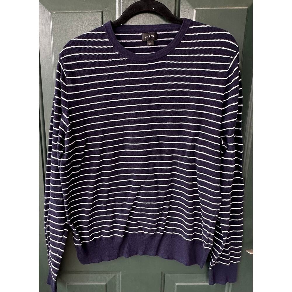 J.Crew Men’s L Navy White Stripe Cotton Cashmere Piqué Crewneck Sweater FA18